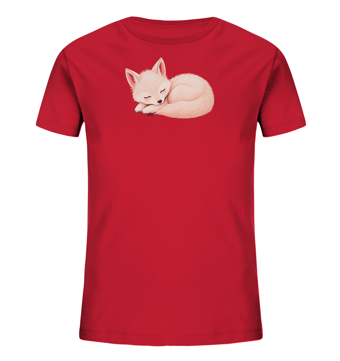 Onlineshop Shirts fuer Kinder - Das Bild zeigt ein rotes Kinder-T-Shirt mit einem niedlichen Motiv eines schlafenden Fuchses. Der helle Fuchs ist zusammengerollt und hat die Augen geschlossen, was einen friedlichen Eindruck vermittelt. Das Design ist schlicht und fokussiert auf das einzelne, cremefarbene Tiermotiv. Das T-Shirt hat kurze Ärmel und einen Rundhalsausschnitt.