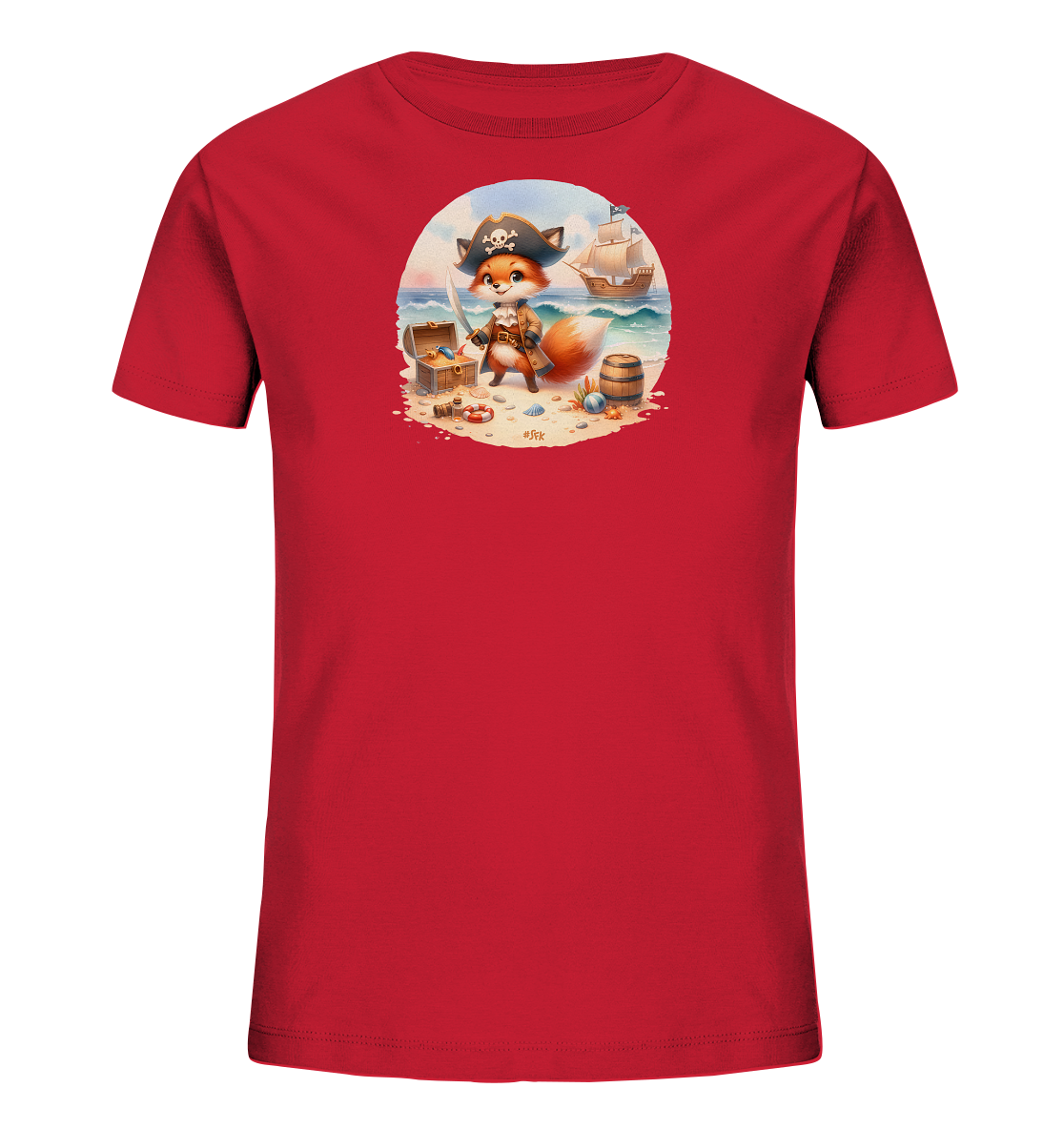 Onlineshop Shirts fuer Kinder - Das rote T-Shirt fuer Kinder zeigt eine niedliche Illustration eines Piratenfuchses. Der Fuchs steht an einem Strand mit einem Schwert in der Hand, umgeben von einer Schatzkiste und einem Fass. Im Hintergrund sind das Meer und ein Segelschiff zu sehen. Das Design wirkt verspielt und abenteuerlich.