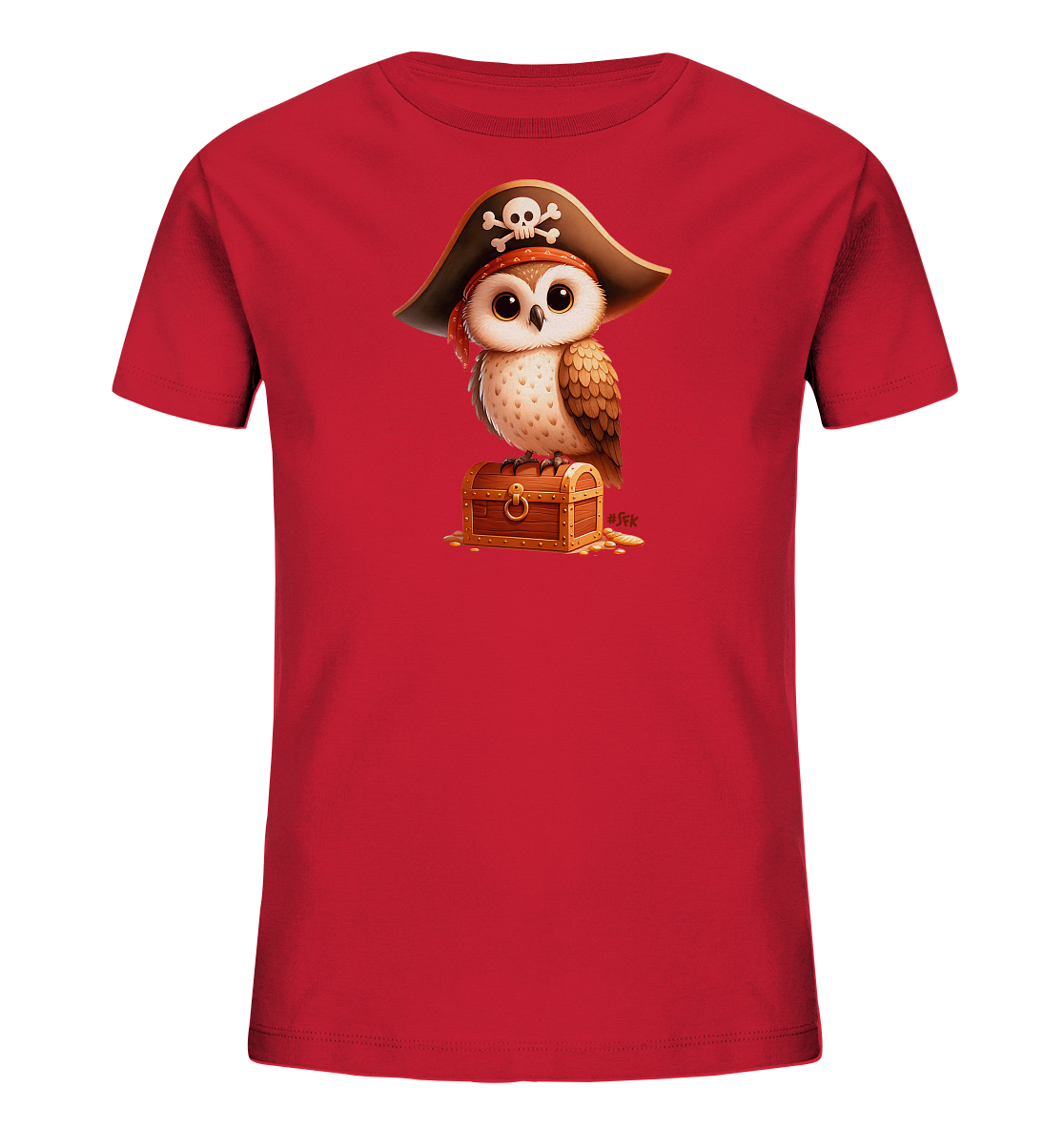 Onlineshop Shirts fuer Kinder - Das Bild zeigt ein rotes T-Shirt mit einem niedlichen Motiv einer Eule als Pirat. Die Eule traegt einen Piratenhut mit Totenkopf und sitzt auf einer geoeffneten Schatztruhe voller Goldmuenzen. Das detailreiche Design ist in einem cartoonartigen Stil gehalten. Dieses T-Shirt ist ideal fuer kleine Abenteurer.