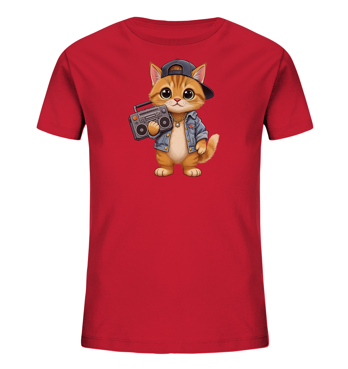 Onlineshop Shirts fuer Kinder - Das Bild zeigt ein rotes Kinder-T-Shirt mit einem farbenfrohen Aufdruck einer niedlichen Katze. Die Cartoon-Katze traegt eine Jeansjacke, eine Goldkette und eine umgedrehte Baseballkappe. Sie haelt einen retro Boombox in ihren Pfoten. Das Motiv verleiht dem T-Shirt einen verspielten und laessigen Charakter, ideal fuer Kinder.