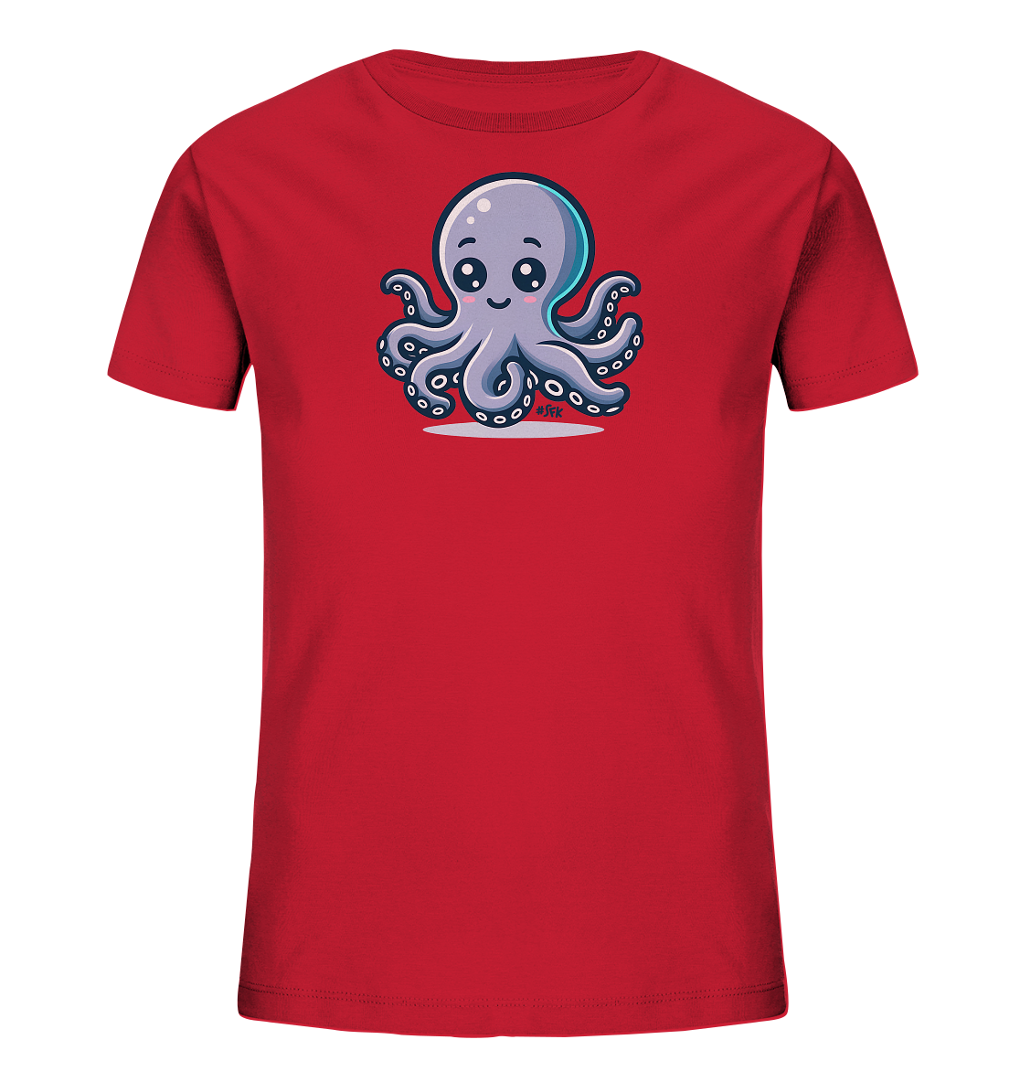 Onlineshop Shirts fuer Kinder - Das Bild zeigt ein rotes Kinder T-Shirt mit einem charmanten Motiv. Darauf ist ein lila, cartoonhafter Oktopus mit grossen Augen und einem freundlichen Laecheln abgebildet. Seine acht Arme sind um ihn herum angeordnet. Das Design ist verspielt und farbenfroh.