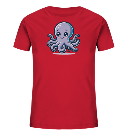 Onlineshop Shirts fuer Kinder - Das Bild zeigt ein rotes Kinder T-Shirt mit einem charmanten Motiv. Darauf ist ein lila, cartoonhafter Oktopus mit grossen Augen und einem freundlichen Laecheln abgebildet. Seine acht Arme sind um ihn herum angeordnet. Das Design ist verspielt und farbenfroh.