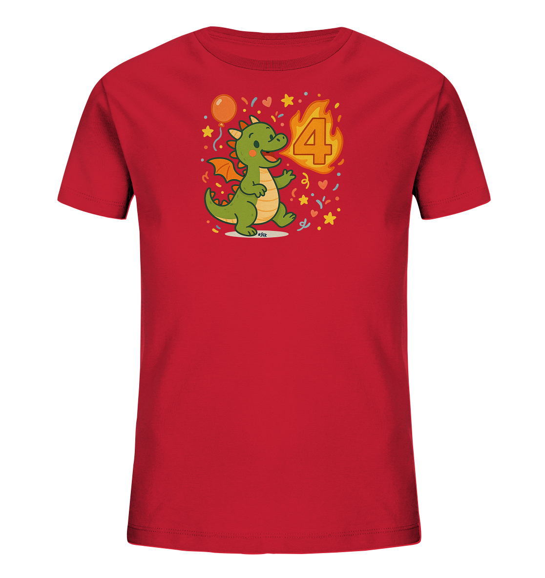 Onlineshop Shirts fuer Kinder - Das Bild zeigt ein leuchtend rotes T-Shirt fuer Kinder mit einem farbenfrohen Motiv. Ein suesser, gruener Cartoon-Drache ist zu sehen, umgeben von festlichen Elementen wie Konfetti, Sternen und einem Ballon. Neben dem Drachen steht die Zahl '4', die von Flammen umgeben ist. Das Design wirkt verspielt und eignet sich gut fuer eine Geburtstagsfeier.