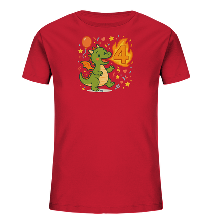 Onlineshop Shirts fuer Kinder - Das Bild zeigt ein leuchtend rotes T-Shirt fuer Kinder mit einem farbenfrohen Motiv. Ein suesser, gruener Cartoon-Drache ist zu sehen, umgeben von festlichen Elementen wie Konfetti, Sternen und einem Ballon. Neben dem Drachen steht die Zahl '4', die von Flammen umgeben ist. Das Design wirkt verspielt und eignet sich gut fuer eine Geburtstagsfeier.
