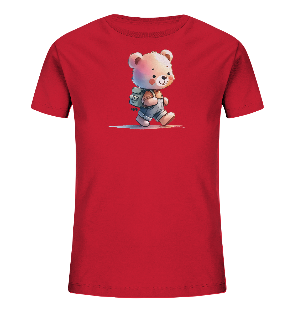 Onlineshop Shirts für Kinder - Das Bild zeigt ein rotes T-Shirt für Kinder. Auf der Vorderseite ist eine freundliche, cartoonhafte Illustration eines Bären zu sehen, der einen Rucksack und Overalls trägt. Der Bär scheint fröhlich zu wandern und vermittelt einen abenteuerlichen Eindruck. Dieses Design ist ideal für Kinder, die Tiere und Outdoor-Themen mögen.