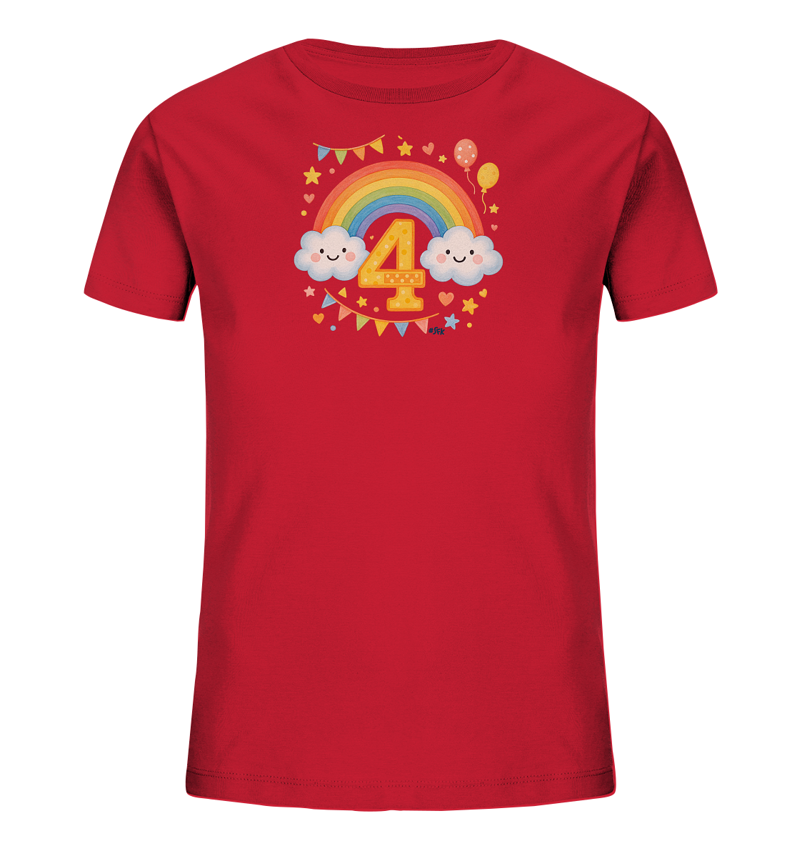 Onlineshop Shirts fuer Kinder - Das Bild zeigt ein rotes Kinder-T-Shirt mit einem farbenfrohen Motiv aus einem Regenbogen, laechelnden Wolken und der Zahl 4. Die goldene Zahl ist mittig im Regenbogen platziert und von festlichen Elementen wie Sternen, Herzen und einer Girlande umgeben. Über dem Regenbogen schweben zwei Luftballons.