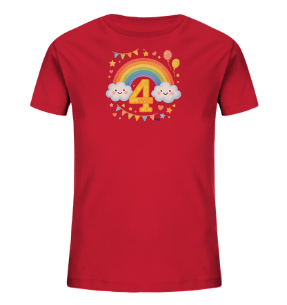 Onlineshop Shirts fuer Kinder - Das Bild zeigt ein rotes Kinder-T-Shirt mit einem farbenfrohen Motiv aus einem Regenbogen, laechelnden Wolken und der Zahl 4. Die goldene Zahl ist mittig im Regenbogen platziert und von festlichen Elementen wie Sternen, Herzen und einer Girlande umgeben. Über dem Regenbogen schweben zwei Luftballons.