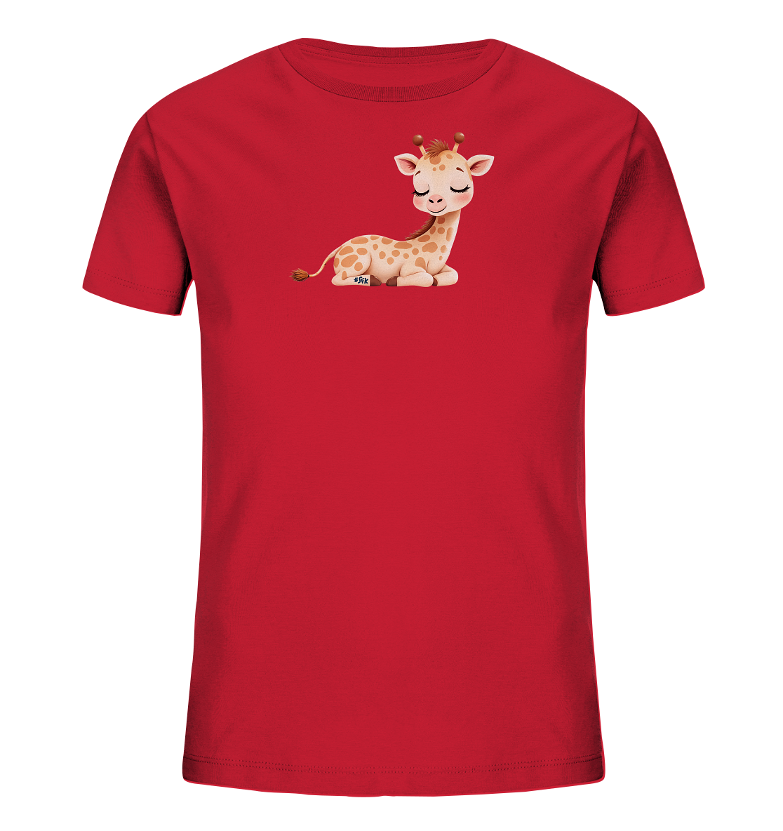 Onlineshop Shirts fuer Kinder - Das Bild praesentiert ein rotes Kinder-T-Shirt. Zentral auf der Brust ist eine Illustration einer liegenden, gefleckten Giraffe platziert. Die Giraffe ist in hellbraunen Toenen gehalten, hat kleine Hoerner und ihre Augen sind friedlich geschlossen. Das Design ist einfach und konzentriert sich auf das Tiermotiv.
