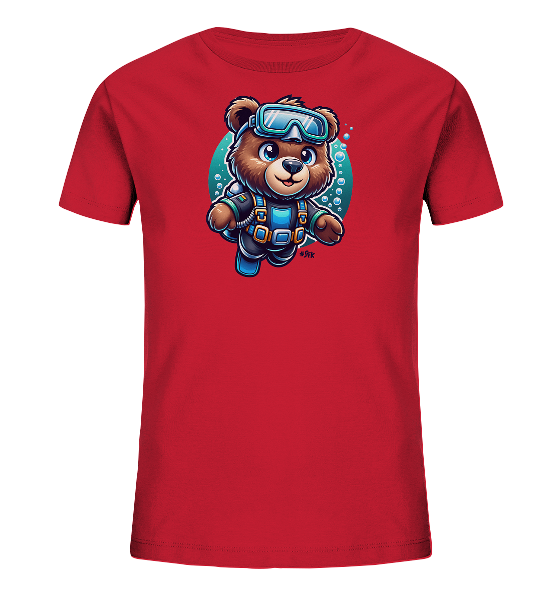 Onlineshop Shirts fuer Kinder - Das Bild zeigt ein rotes T-Shirt mit einem niedlichen Aufdruck eines cartoonhaften Baeren in voller Tauchausruestung. Der Baer traegt eine Tauchermaske und einen Anzug und scheint durch Wasser zu schwimmen, umgeben von Blasen. Das Motiv ist auf einem runden, tuerkisfarbenen Hintergrund dargestellt und strahlt eine froehliche Unterwasseratmosphaere aus.