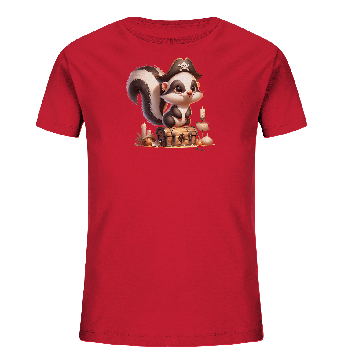 Onlineshop Shirts fuer Kinder - Das Bild zeigt ein rotes Kinder T-Shirt mit einem detailreichen Motiv auf der Vorderseite. Darauf ist ein niedliches Stinktier in einem Piratenhut abgebildet. Das Stinktier sitzt auf einer geoeffneten Schatzkiste, umgeben von Kerzen, einem Segelschiffmodell und anderen verstreuten Gegenstaenden. Dieses fantasievolle Design verleiht dem Shirt einen abenteuerlichen Charakter.