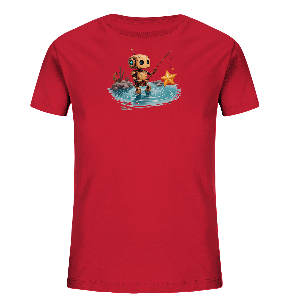 Onlineshop Shirts für Kinder - Das Bild zeigt ein rotes Kinder-T-Shirt mit einem auffälligen Druck auf der Vorderseite. Das Motiv stellt einen kleinen, goldenen Roboter dar, der in einem Teich steht und mit einer Angel einen goldenen Stern aus dem Wasser zieht. Um den Teich herum sind stilisierte Felsen und Pflanzen zu sehen, die eine kleine, friedliche Szene bilden. Das Design ist farbenfroh und detailreich, was dem Shirt einen verspielten und fantasievollen Look verleiht.