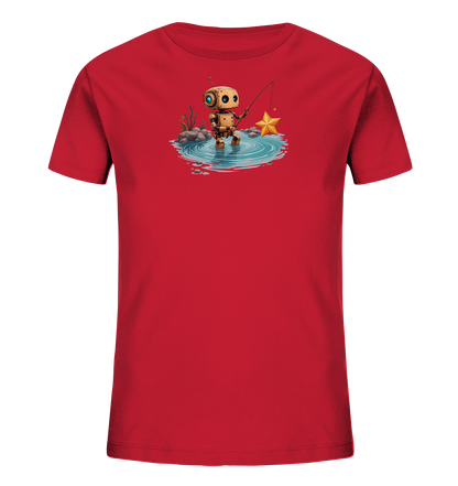 Onlineshop Shirts für Kinder - Das Bild zeigt ein rotes Kinder-T-Shirt mit einem auffälligen Druck auf der Vorderseite. Das Motiv stellt einen kleinen, goldenen Roboter dar, der in einem Teich steht und mit einer Angel einen goldenen Stern aus dem Wasser zieht. Um den Teich herum sind stilisierte Felsen und Pflanzen zu sehen, die eine kleine, friedliche Szene bilden. Das Design ist farbenfroh und detailreich, was dem Shirt einen verspielten und fantasievollen Look verleiht.