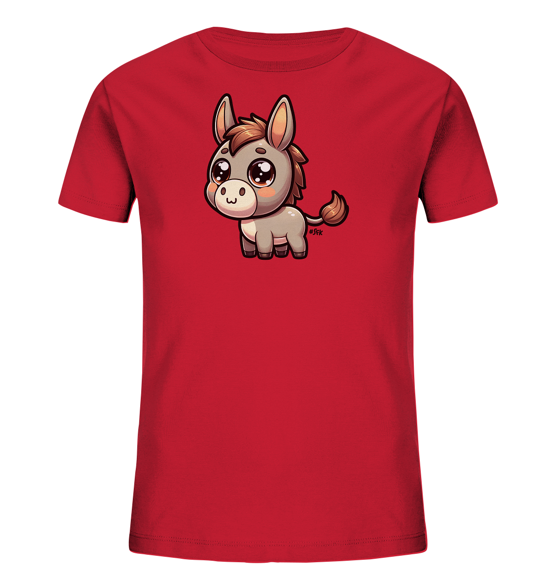 Onlineshop Shirts fuer Kinder - Das Bild zeigt ein rotes T-Shirt fuer Kinder mit einem niedlichen, cartoonhaften Eselmotiv auf der Vorderseite. Der Esel ist in Grau- und Brauntoenen dargestellt und hat grosse, ausdrucksstarke Augen sowie einen freundlichen Gesichtsausdruck. Dieses Design verleiht dem Shirt einen verspielten und froehlichen Charakter, ideal fuer junge Esel-Fans.