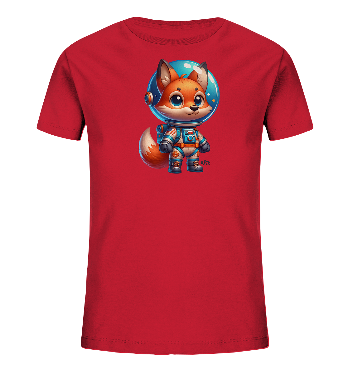 Onlineshop Shirts fuer Kinder - Das Bild zeigt ein rotes Kinder-T-Shirt mit einem niedlichen Comic-Fuchs im Astronautenanzug. Der Fuchs traegt einen detaillierten blauen Raumanzug und einen transparenten Helm, der einen Sternenhimmel zeigt. Das Motiv ist zentral auf dem Shirt platziert und ansprechend illustriert.