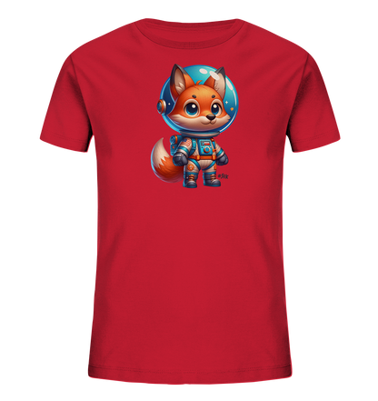 Onlineshop Shirts fuer Kinder - Das Bild zeigt ein rotes Kinder-T-Shirt mit einem niedlichen Comic-Fuchs im Astronautenanzug. Der Fuchs traegt einen detaillierten blauen Raumanzug und einen transparenten Helm, der einen Sternenhimmel zeigt. Das Motiv ist zentral auf dem Shirt platziert und ansprechend illustriert.