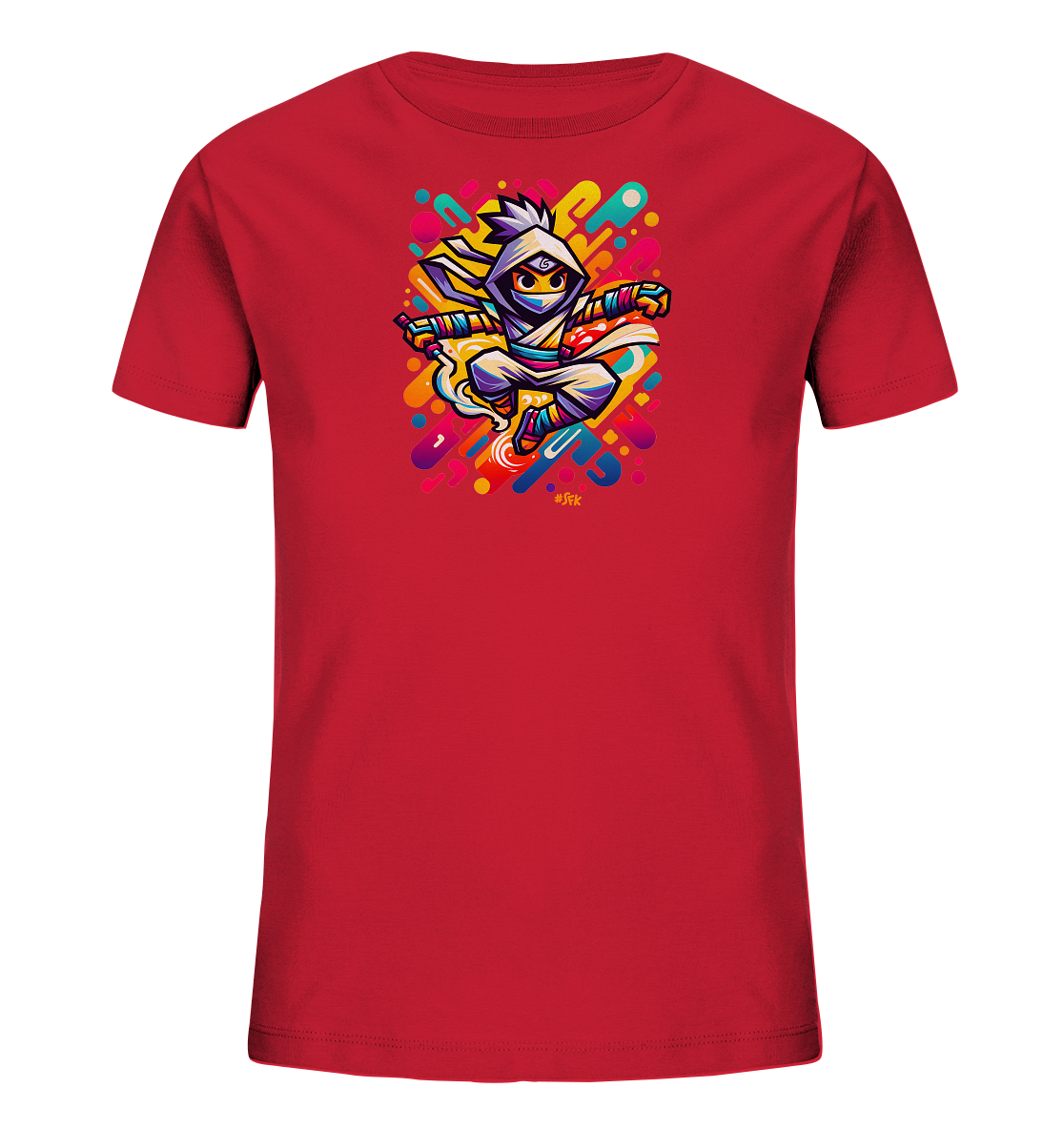 Onlineshop Shirts fuer Kinder - Das Bild zeigt ein rotes Kinder-T-Shirt mit einer dynamischen Grafik in der Mitte. Ein stilisierter Ninja-Charakter in einem weissen Outfit springt vor einem farbenfrohen, abstrakten Hintergrund aus bunten Formen. Die Darstellung ist detailreich und wirkt sehr lebendig und verspielt.
