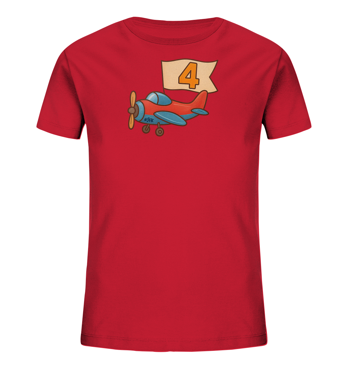 Onlineshop Shirts fuer Kinder - Das Bild zeigt ein rotes Kinder T-Shirt. Auf der Vorderseite ist eine Grafik eines cartoonhaften Flugzeugs zu sehen. Das Flugzeug zieht ein beiges Banner mit der orangefarbenen Zahl '4'. Das Design ist verspielt und farbenfroh gestaltet.