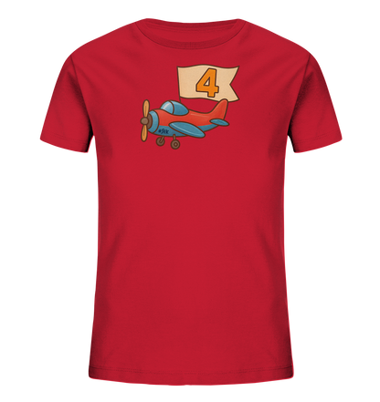 Kinder T-Shirt mit rotem und blauem Flugzeug, Banner und Zahl 4