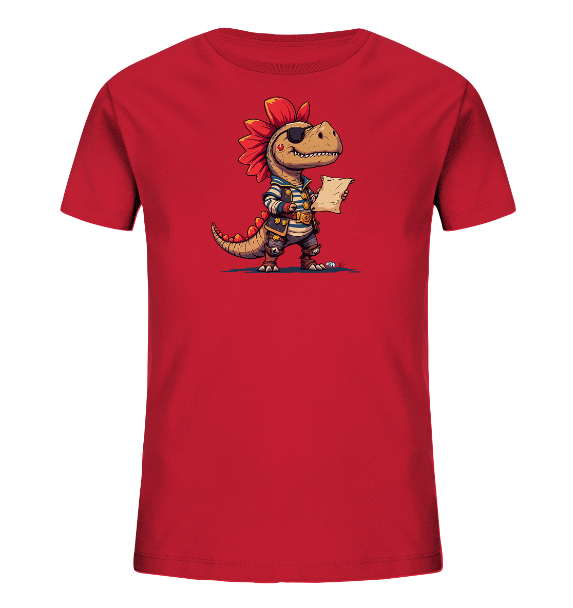 Onlineshop Shirts fuer Kinder - Dieses rote T-Shirt fuer Kinder zeigt eine detailreiche Illustration eines Dinosauriers im Piraten-Outfit. Der Cartoon-Dino traegt eine Augenklappe, ein gestreiftes Hemd, eine Weste und Stiefel und haelt eine Schatzkarte in den Klauen. Sein grosser roter Kopfschmuck und der verspielte Ausdruck verleihen ihm Charakter. Das Design ist Abenteuer-orientiert und farbenfroh.