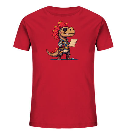 Onlineshop Shirts fuer Kinder - Dieses rote T-Shirt fuer Kinder zeigt eine detailreiche Illustration eines Dinosauriers im Piraten-Outfit. Der Cartoon-Dino traegt eine Augenklappe, ein gestreiftes Hemd, eine Weste und Stiefel und haelt eine Schatzkarte in den Klauen. Sein grosser roter Kopfschmuck und der verspielte Ausdruck verleihen ihm Charakter. Das Design ist Abenteuer-orientiert und farbenfroh.
