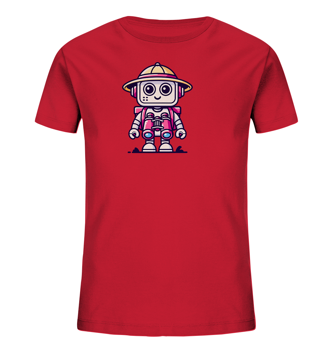 Onlineshop Shirts für Kinder - Das Bild zeigt ein rotes Kinder-T-Shirt, das auf der Vorderseite mit einer bunten Comic-Illustration bedruckt ist. Die Illustration stellt einen freundlich aussehenden Roboter dar, der einen beigen Safarihut und orangefarbene Ferngläser trägt. Der Roboter hat runde Augen und steht aufrecht. Das Motiv ist detailliert und farbenfroh gestaltet, was dem Shirt einen verspielten und abenteuerlichen Charakter verleiht.