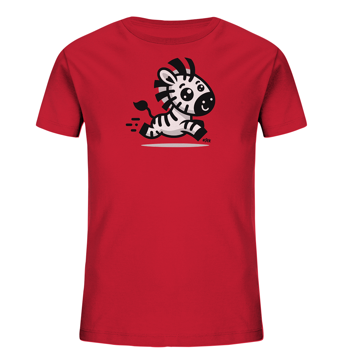 Onlineshop Shirts fuer Kinder - Das Bild zeigt ein rotes Kinder-T-Shirt mit einer niedlichen Illustration eines Zebras auf der Vorderseite. Das cartoonartige Zebra ist in voller Aktion dargestellt, als ob es rennt, was durch dynamische Linien angedeutet wird. Es hat schwarz-weisse Streifen, grosse Augen und ein freundliches Laecheln. Das Motiv ist auf einer hellgrauen Flaeche platziert und verleiht dem Shirt einen froehlichen und lebendigen Look.