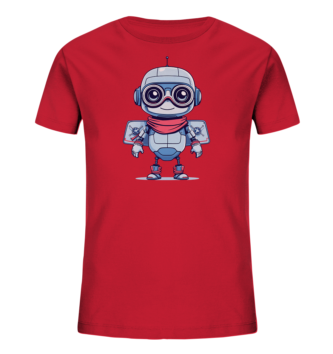 Onlineshop Shirts für Kinder - Das Bild zeigt ein rotes Kinder-T-Shirt auf einem schwarzen Hintergrund. Auf der Vorderseite des Shirts ist ein freundlicher, cartoonartiger Roboter abgebildet. Der Roboter hat einen grauen Körper mit blauen Akzenten, große schwarze Augen mit weißen Highlights, einen roten Schal um den Hals und angedeutete Flügel auf dem Rücken. Das Design wirkt verspielt und ansprechend für Kinder.