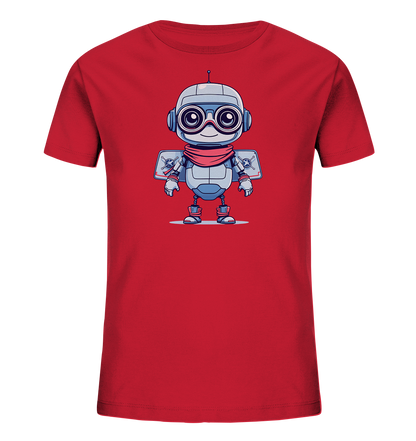 Onlineshop Shirts für Kinder - Das Bild zeigt ein rotes Kinder-T-Shirt auf einem schwarzen Hintergrund. Auf der Vorderseite des Shirts ist ein freundlicher, cartoonartiger Roboter abgebildet. Der Roboter hat einen grauen Körper mit blauen Akzenten, große schwarze Augen mit weißen Highlights, einen roten Schal um den Hals und angedeutete Flügel auf dem Rücken. Das Design wirkt verspielt und ansprechend für Kinder.