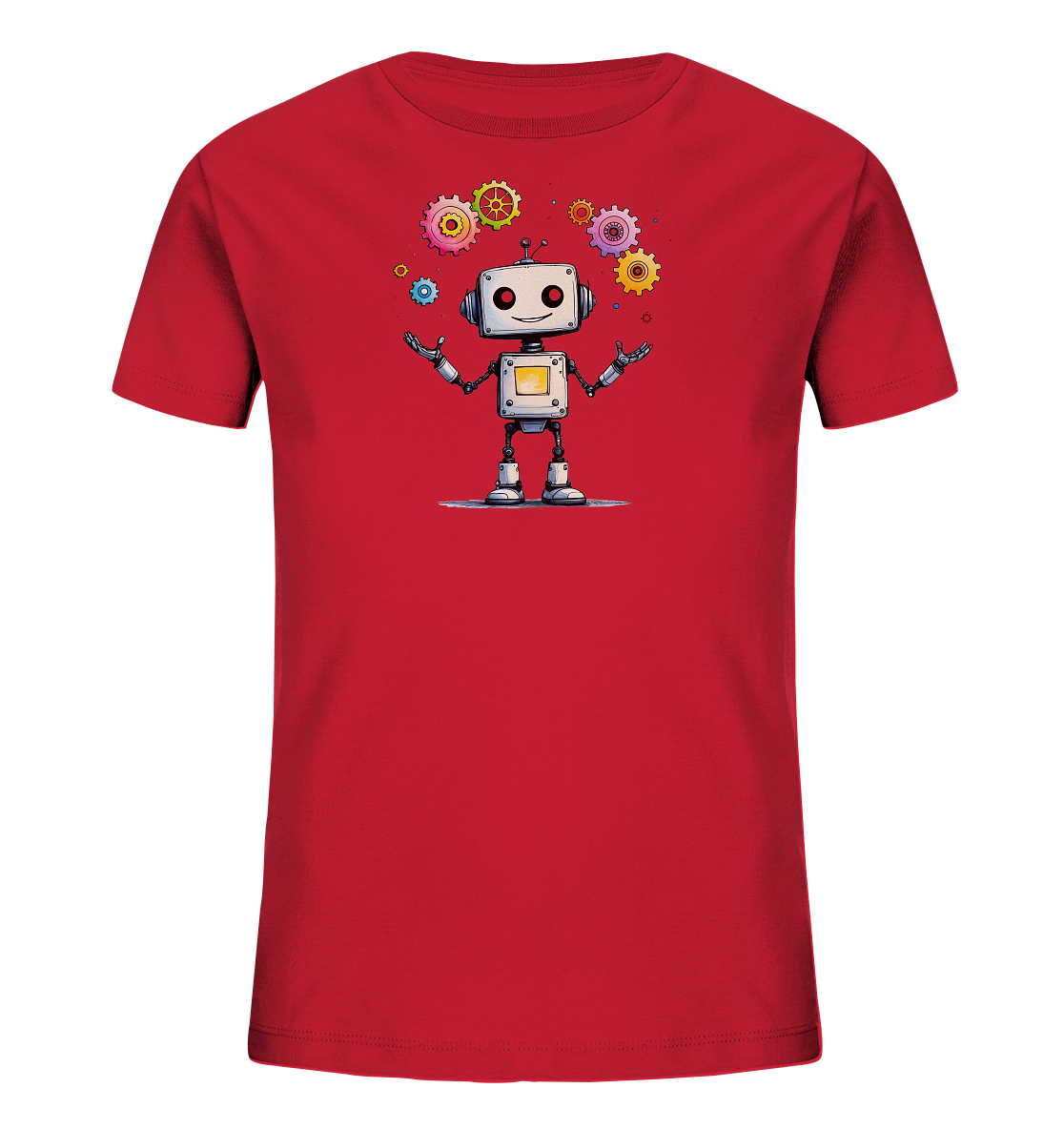 Onlineshop Shirts für Kinder - Das Bild zeigt ein leuchtend rotes T-Shirt, das mittig mit einer farbenfrohen Illustration bedruckt ist. Die Grafik stellt einen freundlich lächelnden, cartoonhaften Roboter dar, der scheinbar mehrere bunte Zahnräder um sich herum jongliert. Die Zahnräder sind in verschiedenen Größen und Farben wie Pink, Gelb, Grün und Blau gehalten und verleihen dem Motiv eine verspielte, technische Note. Die Gesamtgestaltung wirkt ansprechend und lebhaft.