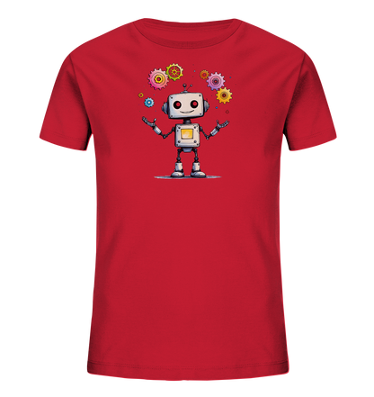 Onlineshop Shirts für Kinder - Das Bild zeigt ein leuchtend rotes T-Shirt, das mittig mit einer farbenfrohen Illustration bedruckt ist. Die Grafik stellt einen freundlich lächelnden, cartoonhaften Roboter dar, der scheinbar mehrere bunte Zahnräder um sich herum jongliert. Die Zahnräder sind in verschiedenen Größen und Farben wie Pink, Gelb, Grün und Blau gehalten und verleihen dem Motiv eine verspielte, technische Note. Die Gesamtgestaltung wirkt ansprechend und lebhaft.