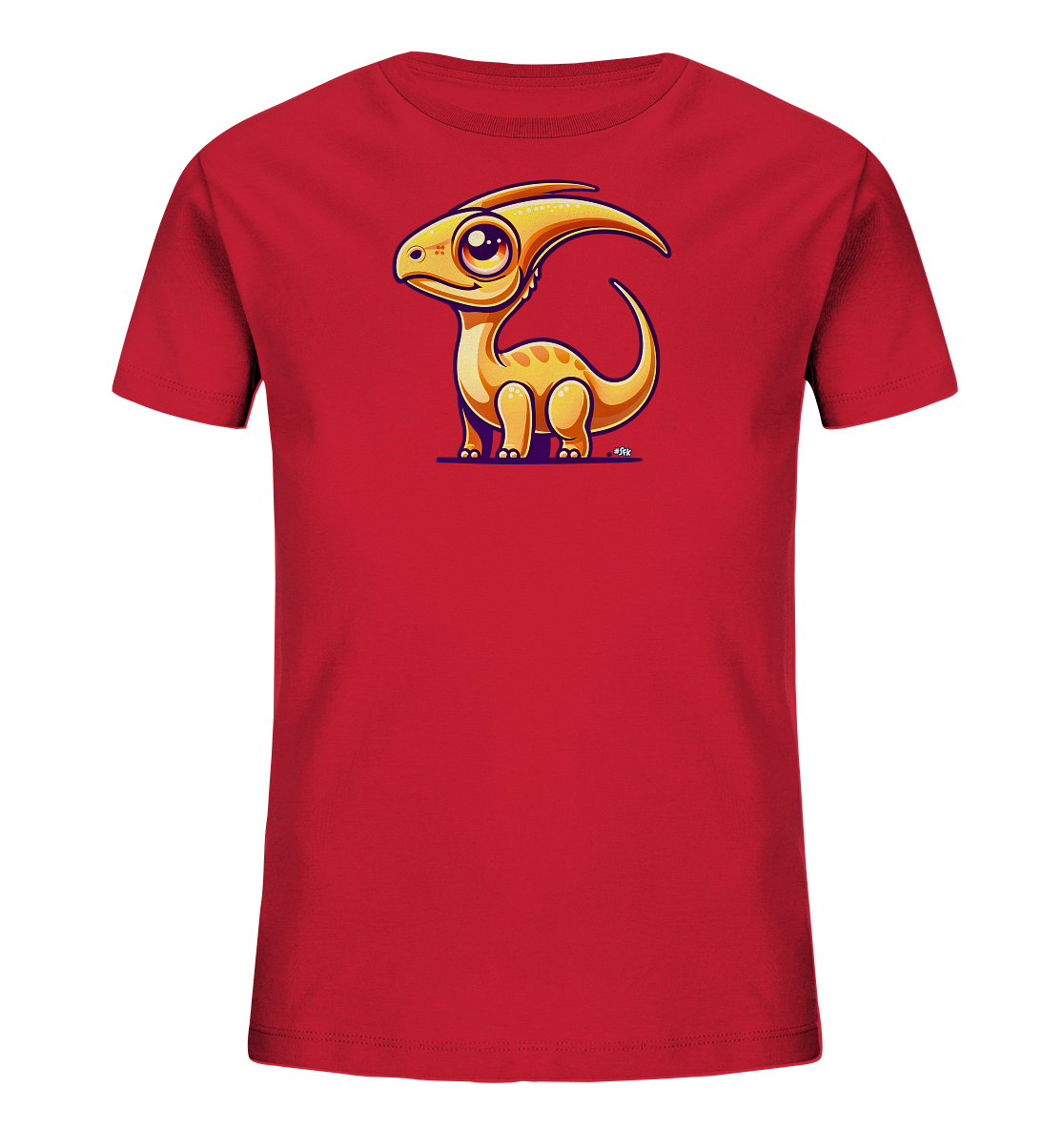 Onlineshop Shirts fuer Kinder - Das Bild zeigt ein rotes Kinder-T-Shirt mit einer Illustration eines niedlichen, gelblich-orangefarbenen Dinosauriers auf der Vorderseite. Der Cartoon-Dino hat grosse Augen, einen charakteristischen Kamm und kleine Tupfen am Koerper. Er sitzt in einer freundlichen Pose und verleiht dem Shirt einen verspielten Charakter.