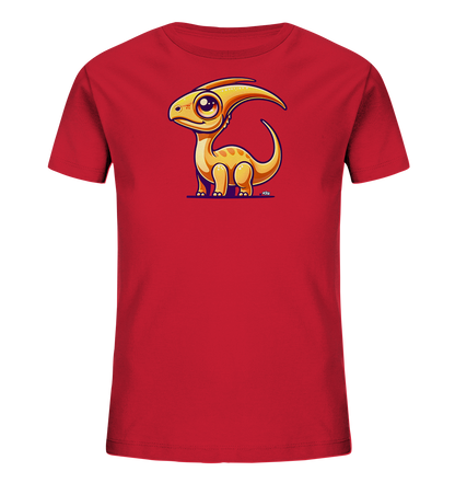 Onlineshop Shirts fuer Kinder - Das Bild zeigt ein rotes Kinder-T-Shirt mit einer Illustration eines niedlichen, gelblich-orangefarbenen Dinosauriers auf der Vorderseite. Der Cartoon-Dino hat grosse Augen, einen charakteristischen Kamm und kleine Tupfen am Koerper. Er sitzt in einer freundlichen Pose und verleiht dem Shirt einen verspielten Charakter.