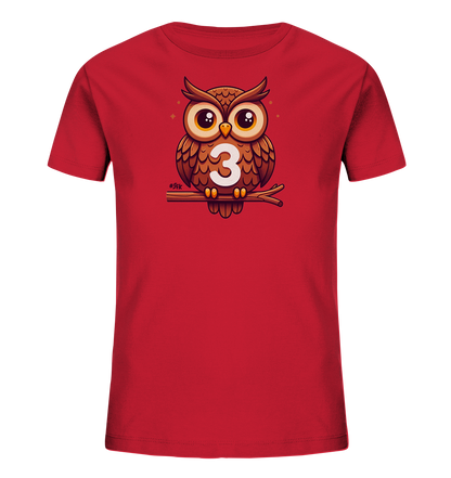 Kinder T-Shirt mit Cartoon-Eule auf Ast, großen Augen und Zahl 3
