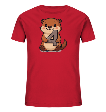 Onlineshop Shirts fuer Kinder - Das Bild zeigt ein rotes Kinder-T-Shirt. Auf der Vorderseite ist eine freundliche Cartoon-Illustration eines Otters zu sehen. Der Otter sitzt und haelt eine grosse, graue Zahl '4' in seinen Pfoten. Das Design ist niedlich und verspielt, ideal fuer Kinder.
