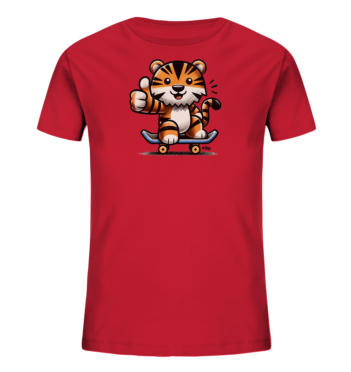 Onlineshop Shirts fuer Kinder - Das Bild zeigt ein rotes Kinder-T-Shirt. Darauf ist eine cartoonartige Tigerfigur abgebildet, die auf einem Skateboard sitzt. Der Tiger hat einen gluecklichen Gesichtsausdruck und gibt einen Daumen hoch. Dieses verspielte Motiv verleiht dem Shirt einen froehlichen Look.