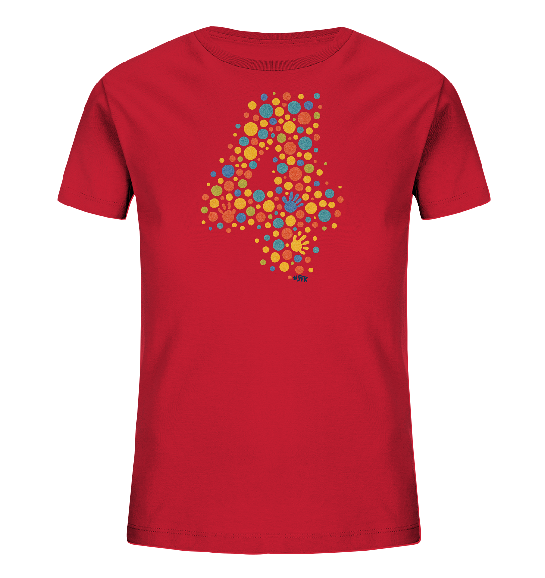 Onlineshop Shirts fuer Kinder - Dieses rote T-Shirt fuer Kinder zeigt auf der Vorderseite die Zahl "4", die aus zahlreichen bunten Punkten in verschiedenen Groessen und Farben gebildet wird. Kleine farbige Handabdruecke sind ebenfalls in das Design integriert. Die Vielfalt der Farben wie Gelb, Blau, Rot und Orange verleiht dem Shirt einen froehlichen und spielerischen Look.