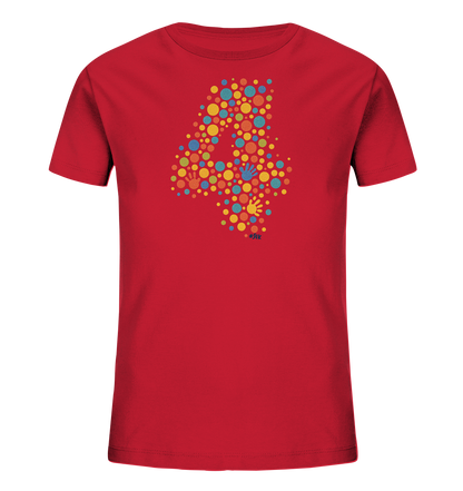 Onlineshop Shirts fuer Kinder - Dieses rote T-Shirt fuer Kinder zeigt auf der Vorderseite die Zahl "4", die aus zahlreichen bunten Punkten in verschiedenen Groessen und Farben gebildet wird. Kleine farbige Handabdruecke sind ebenfalls in das Design integriert. Die Vielfalt der Farben wie Gelb, Blau, Rot und Orange verleiht dem Shirt einen froehlichen und spielerischen Look.
