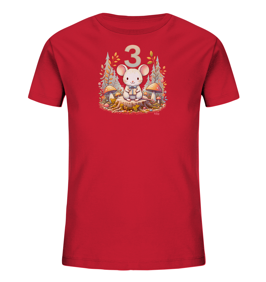 Onlineshop Shirts fuer Kinder - Das Bild zeigt ein rotes Kinder-T-Shirt mit einem detailreichen Motiv. Eine niedliche Maus sitzt auf einem Baumstumpf, umgeben von Pilzen und herbstlichen Blaettern. Über der Maus ist die Zahl '3' prominent platziert. Das Design wirkt verspielt und naturverbunden.