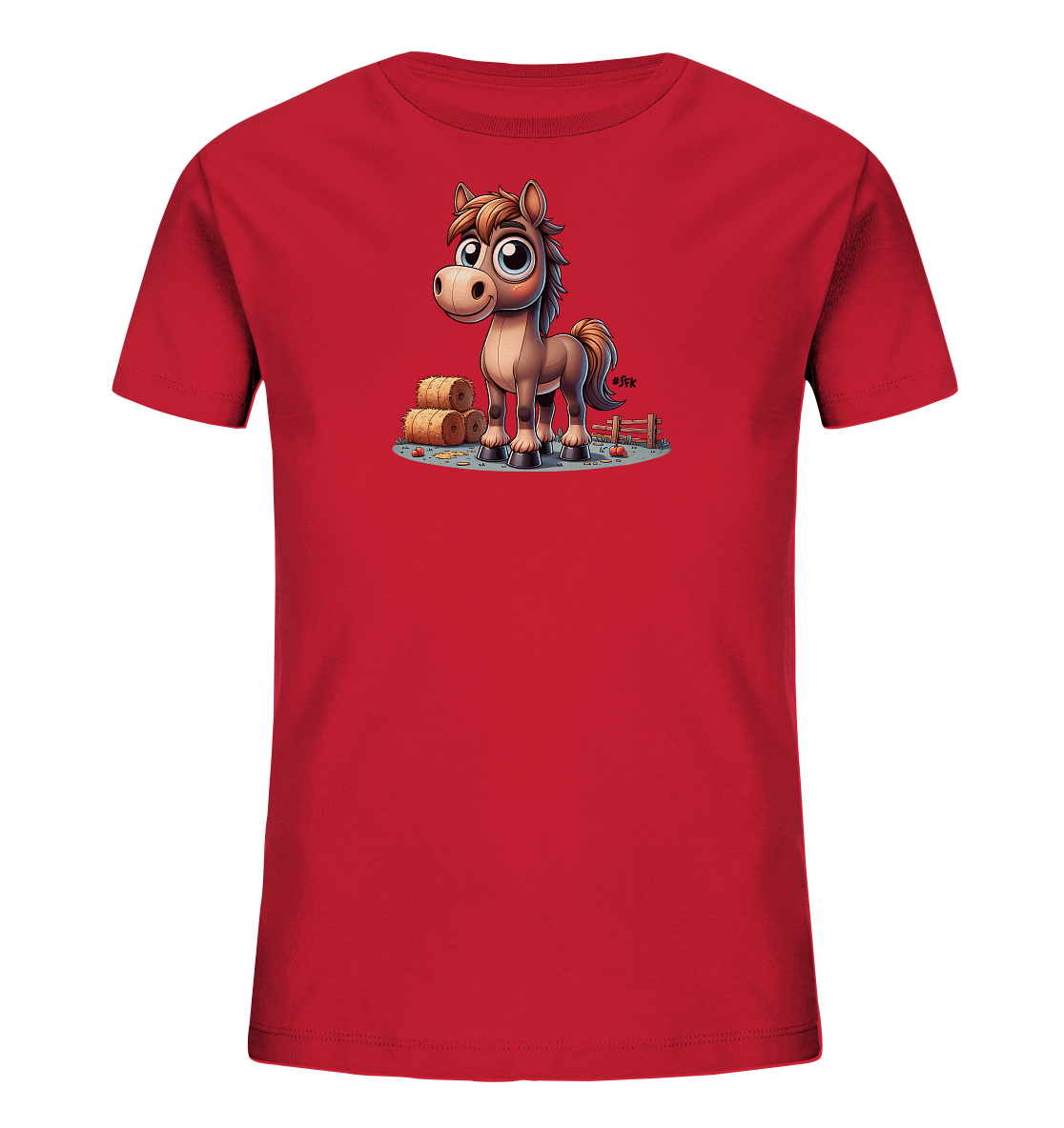 Onlineshop Shirts fuer Kinder - Das rote Kinder T-Shirt praesentiert eine entzueckende Cartoon-Illustration eines braunen Pferdes. Das Motiv zeigt das freundliche Pferd in einer laendlichen Szene mit Heuballen und einem kleinen Zaun. Die Darstellung ist farbenfroh und detailliert, was dem Shirt einen froehlichen Look verleiht. Es ist ein ideales Kleidungsstueck fuer Kinder, die Pferde lieben.