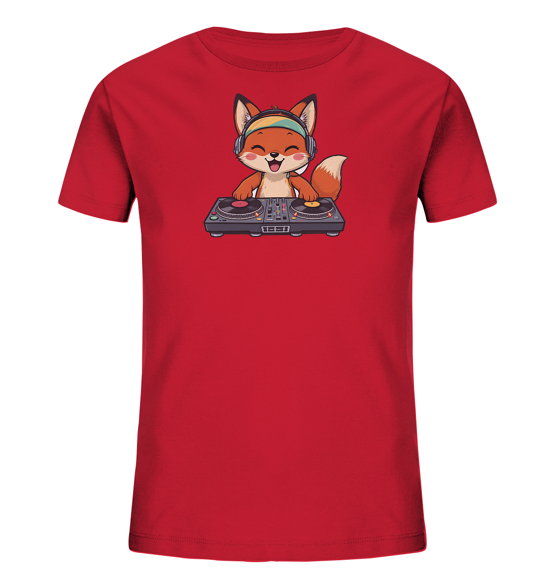 Onlineshop Shirts fuer Kinder - Das Bild zeigt ein rotes Kinder-T-Shirt mit einem niedlichen Cartoon-Fuchs. Der Fuchs traegt Kopfhoerer und steht vor einem DJ-Mischpult, dabei lacht er froehlich mit geschlossenen Augen. Das Design ist verspielt und farbenfroh, ideal fuer musikbegeisterte Kinder.