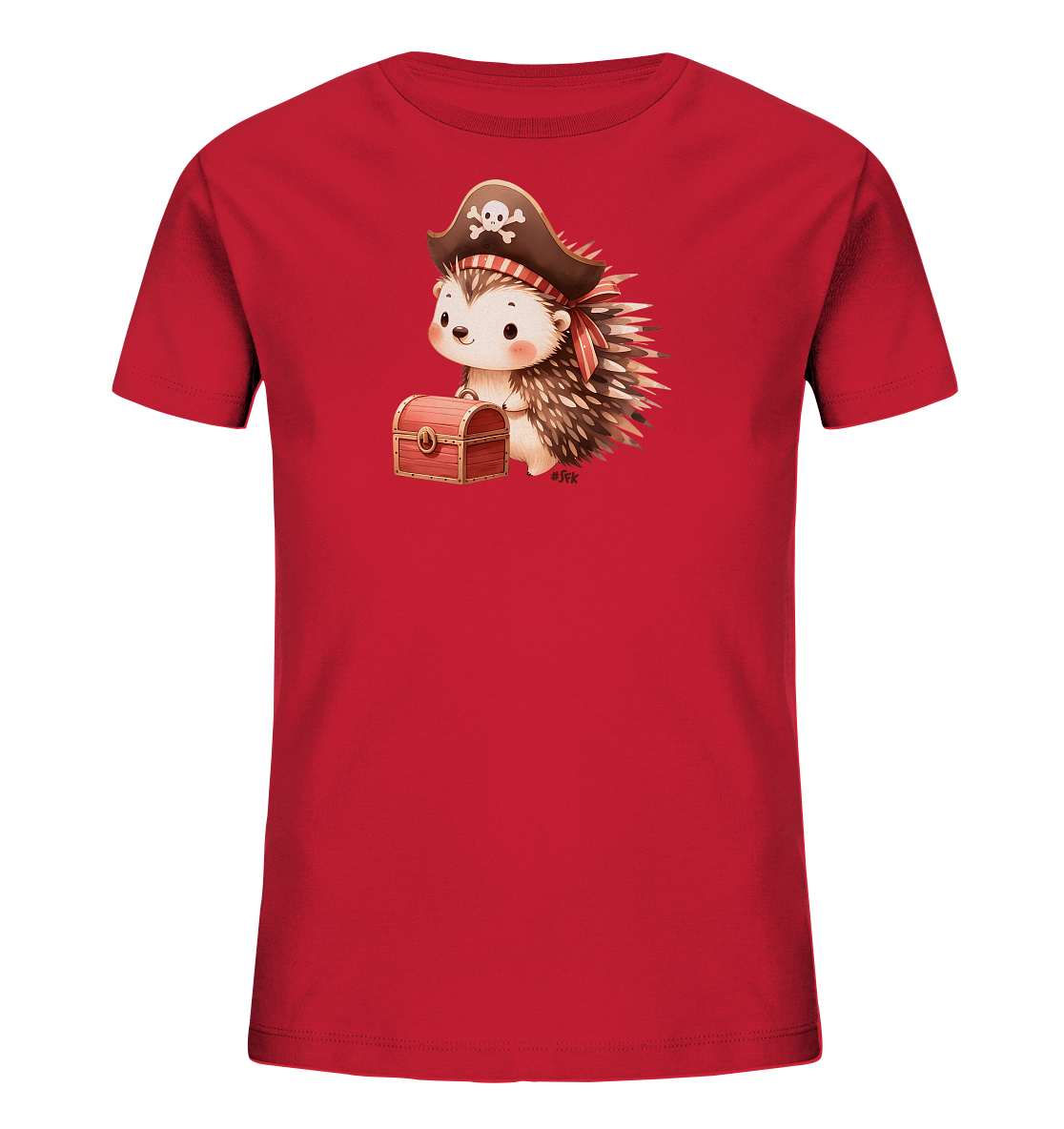 Onlineshop Shirts fuer Kinder - Dieses Bild zeigt ein rotes Kinder-T-Shirt mit einem charmanten Aufdruck. Zu sehen ist ein cartoonhafter Igel, der als Pirat verkleidet ist, komplett mit Piratenhut und Halstuch. Der Igel haelt eine kleine, hoelzerne Schatztruhe, was dem Design einen Hauch von Abenteuer verleiht. Das Motiv ist detailreich und farbenfroh gestaltet.