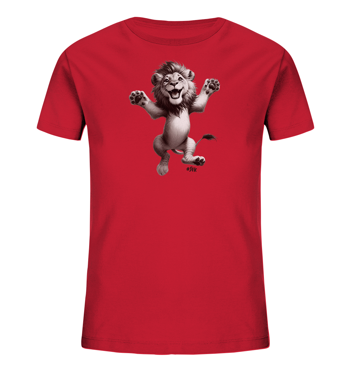 Onlineshop Shirts fuer Kinder - Das Bild zeigt ein leuchtend rotes Kinder-T-Shirt mit einer dynamischen Grafik eines springenden Loewen auf der Vorderseite. Der Loewe ist in einer aufgeregten Sprungpose dargestellt, mit ausgestreckten Pfoten und einem froehlichen Gesichtsausdruck. Die Illustration ist in Grau- und Brauntoenen gehalten und verleiht dem Shirt einen verspielten Look.