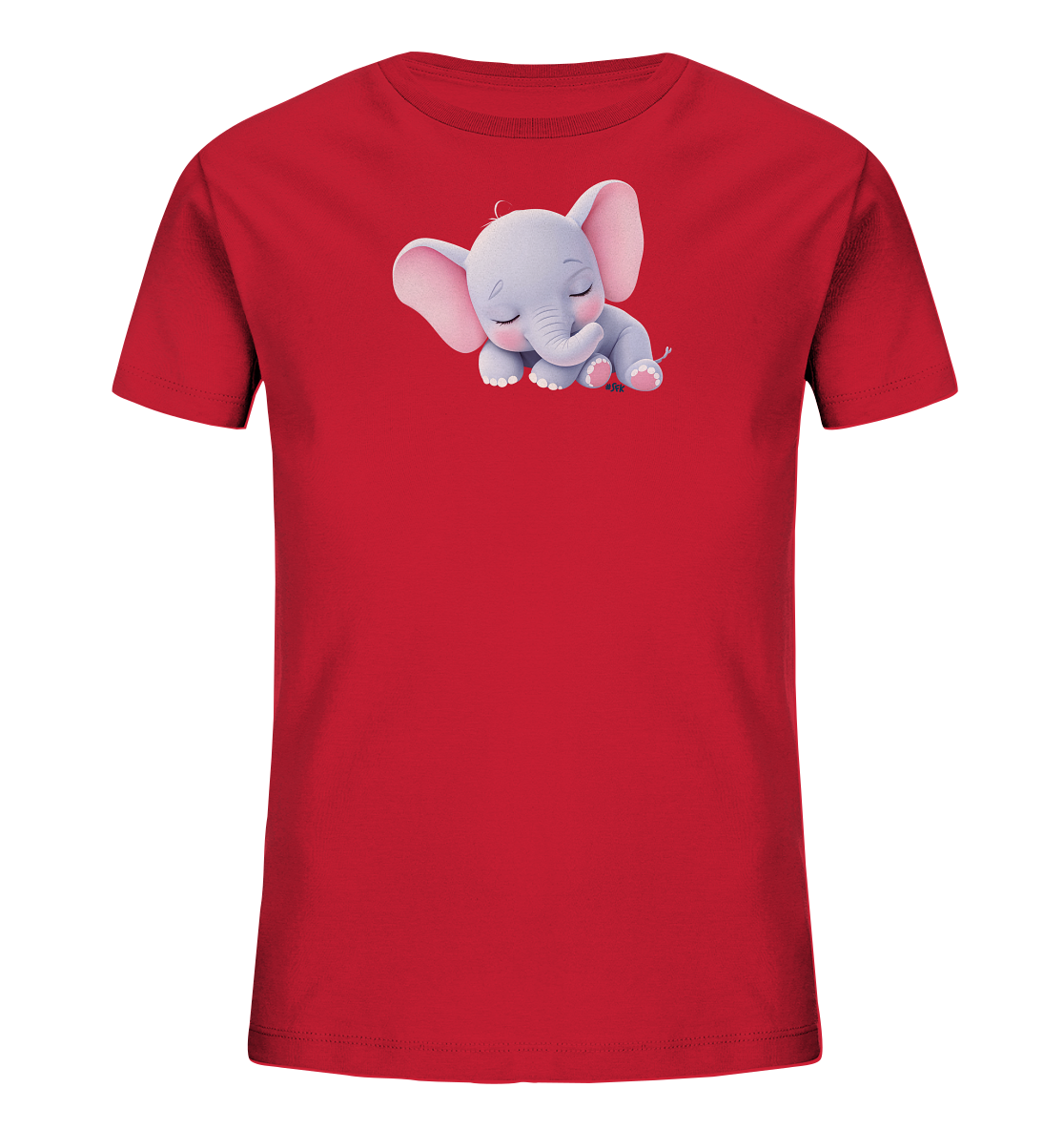 Onlineshop Shirts fuer Kinder - Das Bild zeigt ein rotes T-Shirt fuer Kinder, das auf der Vorderseite ein niedliches Elefantenmotiv aufweist. Der kleine Elefant ist in sanften Grautoenen gehalten und hat rosa Details an den Ohren und Fuessen. Er liegt friedlich mit geschlossenen Augen da, was dem Design einen beruhigenden Ausdruck verleiht. Das Motiv ist zentral auf dem Oberteil des Shirts platziert.