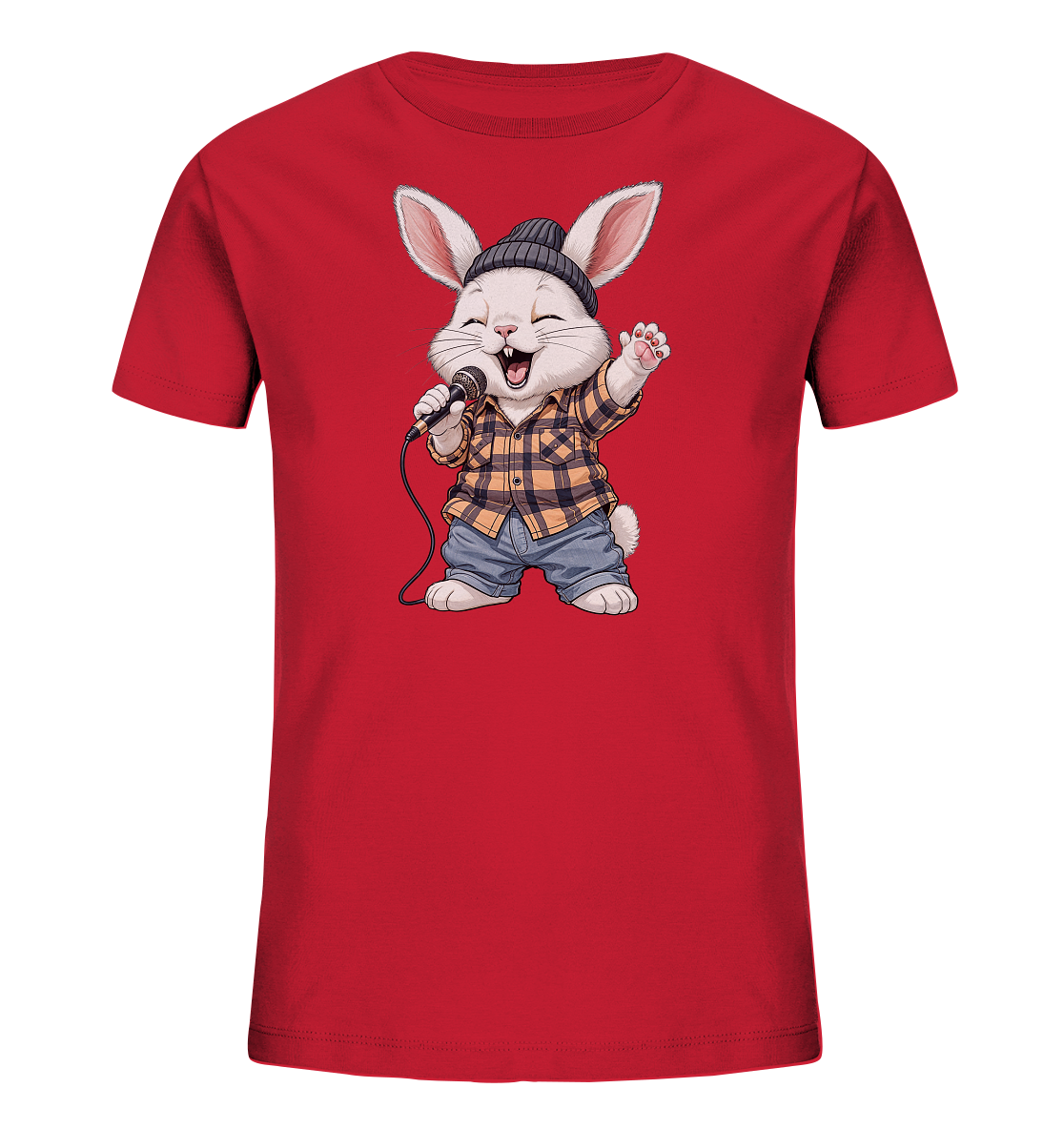 Onlineshop Shirts fuer Kinder - Das Bild zeigt ein rotes T-Shirt fuer Kinder. Auf der Vorderseite ist eine froehliche Comic-Figur eines Hasen abgebildet, der ein kariertes Hemd, Jeans-Shorts und eine Muetze traegt. Der Hase haelt ein Mikrofon und scheint zu singen oder zu rappen, mit einer Pfote in die Luft gestreckt. Das Design wirkt dynamisch und ansprechend.