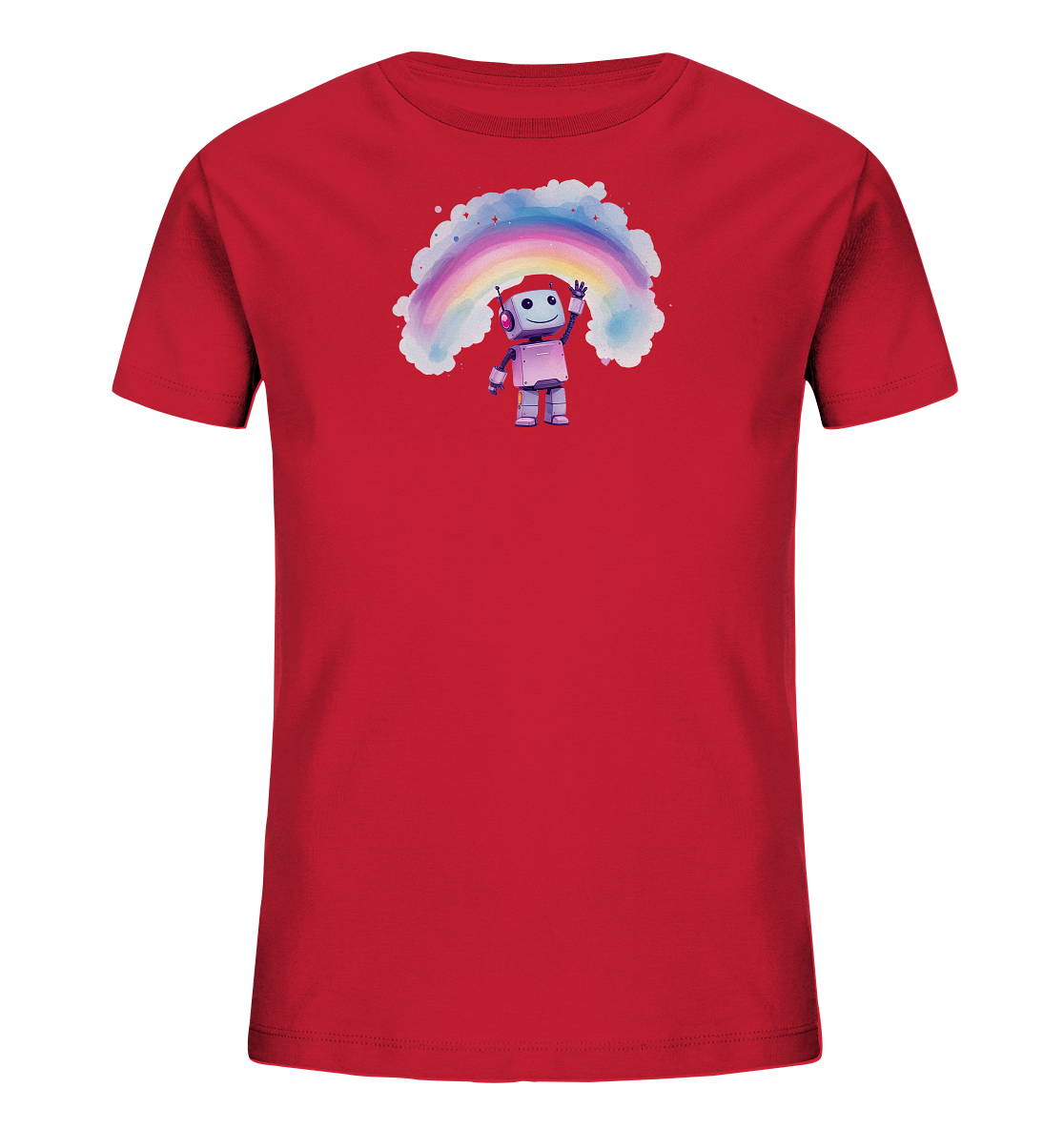 Rotes Kinder-T-Shirt mit fröhlichem Roboter, Regenbogen und Wolkenmotiv.