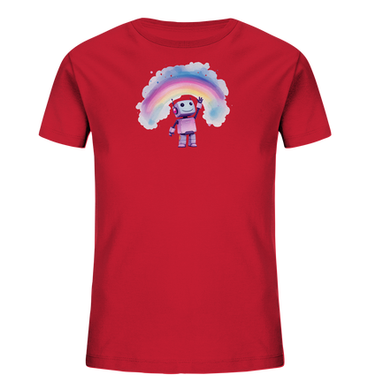 Rotes Kinder-T-Shirt mit fröhlichem Roboter, Regenbogen und Wolkenmotiv.