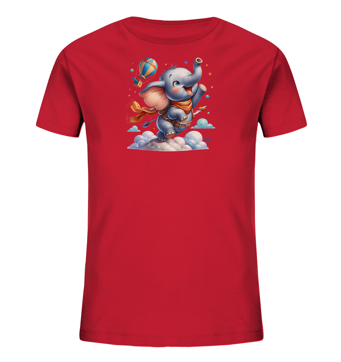 Onlineshop Shirts fuer Kinder - Dieses rote T-Shirt fuer Kinder zeigt eine froehliche Illustration eines fliegenden Elefanten. Der Elefant traegt einen Schal und ist von Wolken, Sternen, einem Heissluftballon und einem kleinen Flugzeug umgeben. Das Design wirkt abenteuerlich und verspielt, mit hellen Farben, die auf dem roten Stoff hervorstechen. Es ist ein lebhaftes Motiv, das die Fantasie anregt.