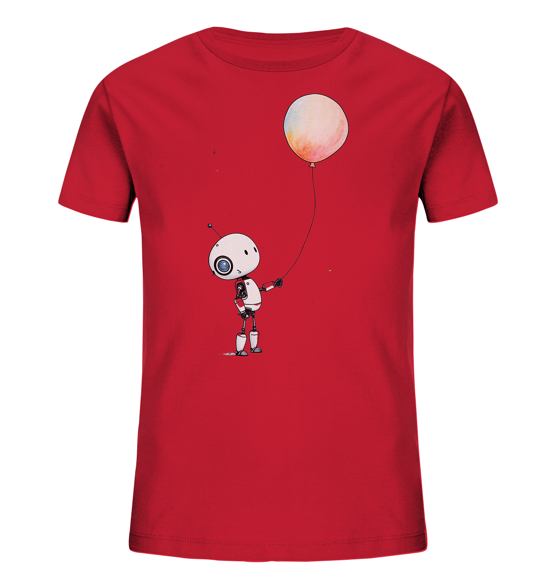 Onlineshop Shirts für Kinder - Dieses rote Kinder-T-Shirt ist mit einer charmanten Illustration verziert. Im Zentrum des Designs steht ein kleiner, weißer Roboter mit einem charakteristischen großen Auge und Antennen. Der Roboter hält liebevoll den Faden eines großen, bunten Ballons fest, dessen Oberfläche wie mit Aquarellfarben gemalt erscheint. Das Motiv ist verspielt und ansprechend gestaltet, ideal für kleine Abenteurer.