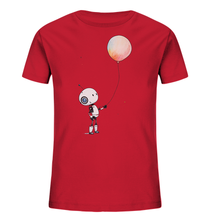 Onlineshop Shirts für Kinder - Dieses rote Kinder-T-Shirt ist mit einer charmanten Illustration verziert. Im Zentrum des Designs steht ein kleiner, weißer Roboter mit einem charakteristischen großen Auge und Antennen. Der Roboter hält liebevoll den Faden eines großen, bunten Ballons fest, dessen Oberfläche wie mit Aquarellfarben gemalt erscheint. Das Motiv ist verspielt und ansprechend gestaltet, ideal für kleine Abenteurer.