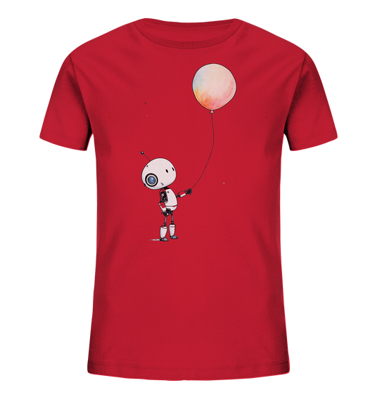 Onlineshop Shirts für Kinder - Dieses rote Kinder-T-Shirt ist mit einer charmanten Illustration verziert. Im Zentrum des Designs steht ein kleiner, weißer Roboter mit einem charakteristischen großen Auge und Antennen. Der Roboter hält liebevoll den Faden eines großen, bunten Ballons fest, dessen Oberfläche wie mit Aquarellfarben gemalt erscheint. Das Motiv ist verspielt und ansprechend gestaltet, ideal für kleine Abenteurer.
